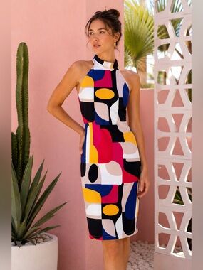 Trina Turk Emotion Abstract Ponte Halter Sheath Dress Colorblock